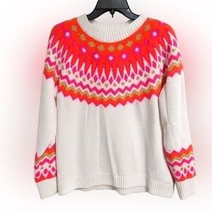 Cream Crewneck Sweater with Pink & Orange Fair Isle Yoke